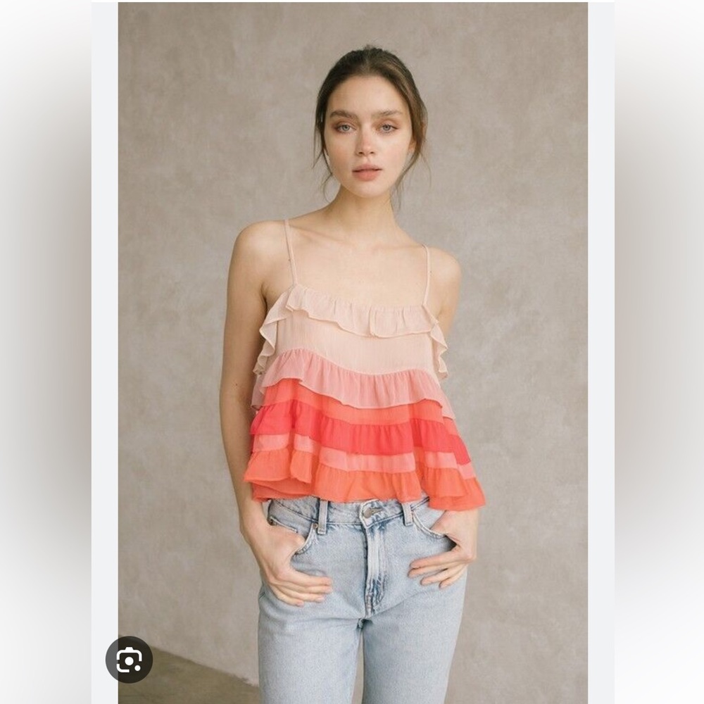 STORIA Coral Ombre Tiered Ruffle Tank Top Adjustable Straps Vic- M